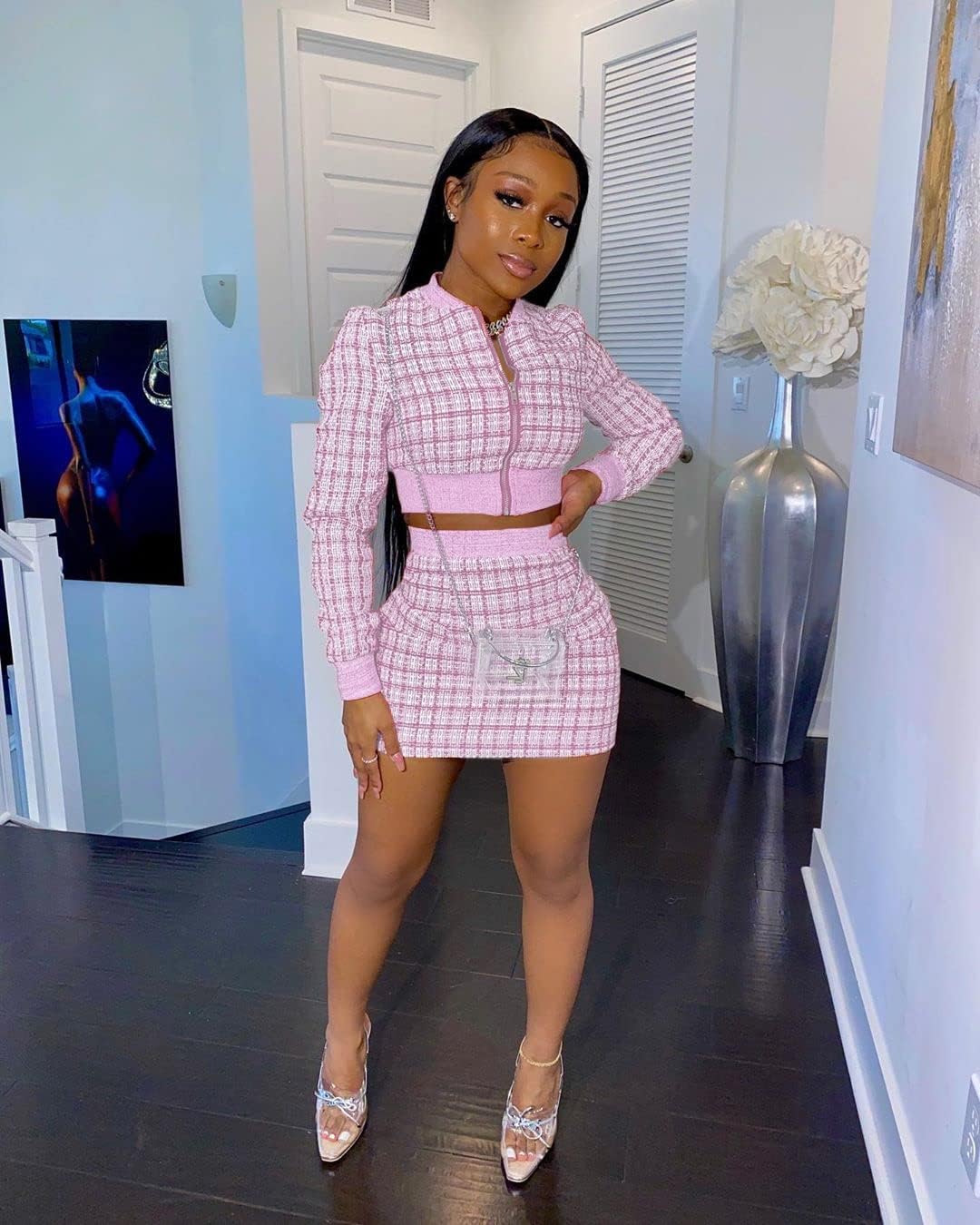 THLAI Women 2 Piece Skirt Set Long Sleeve Jacket Crop Top and Bodycon Mini Skirt Set Pink Party Outfits Birthday Suits - Image 2