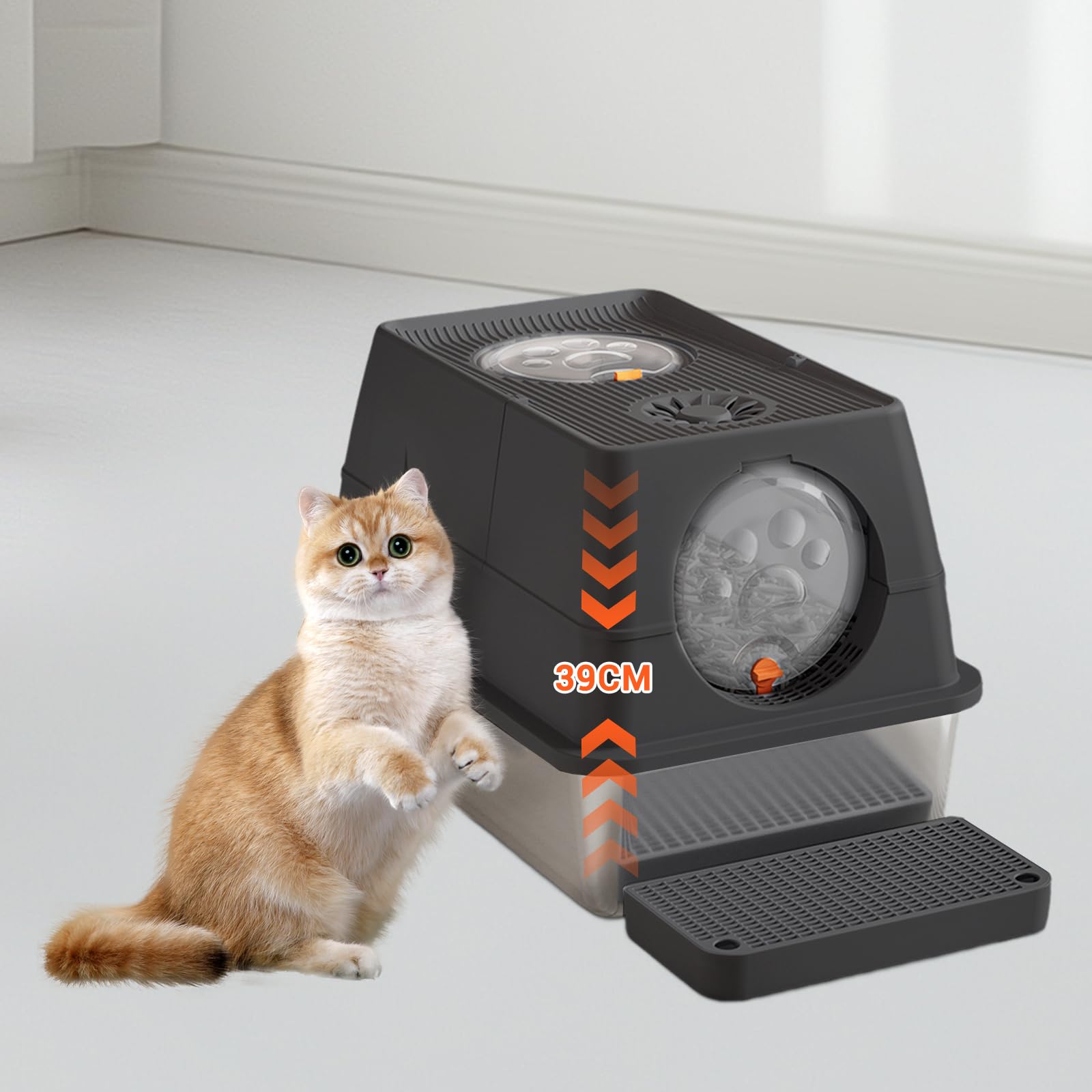 Caja de arena para gatos con acero inoxidable de alta cara con tapa, bandeja de arena de metal cerrada, bandeja de arena grande para gatos con pedal de filtro de arena y pala de arena