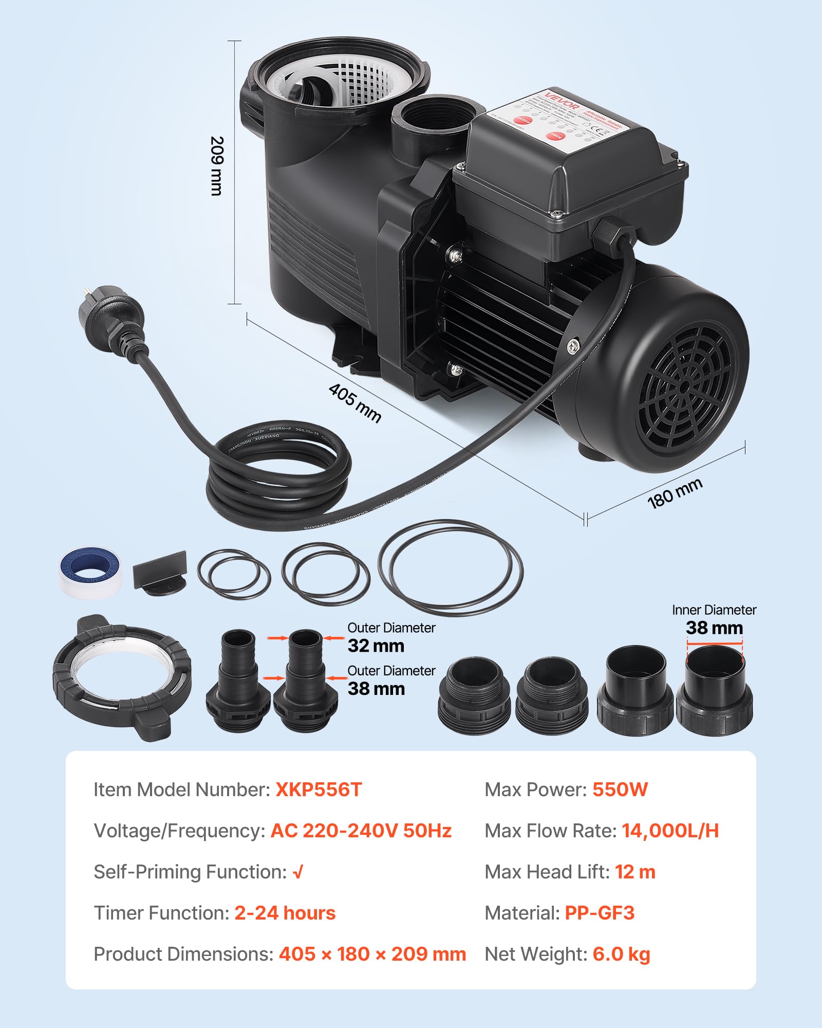 VEVOR Bomba para Piscina 550 W Caudal Máximo de 14000 L/H Bomba de Filtración para Piscina de Una Sola Velocidad, CA 220-240 V, Altura de Elevación Máxima de 12 m, con Temporizador de 24 Horas