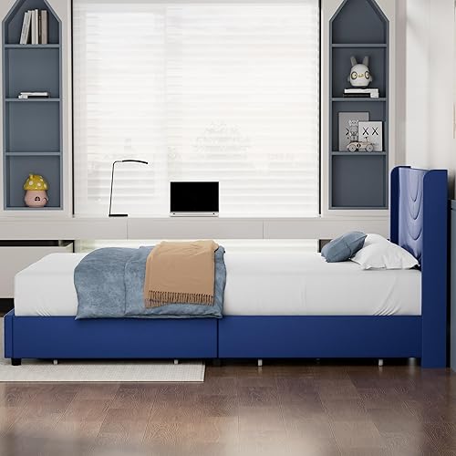 Miniatura 121 de VECELO Base de cama tamaño matrimonial tapizada con cabecera de tela, soporte de listones de madera, no necesita somier, base de colchón, color