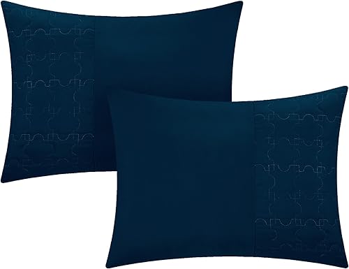 Miniatura 2 de Mykonos - Juego de edredón de 20 piezas a rayas con volantes en relieve, Queen, azul marino