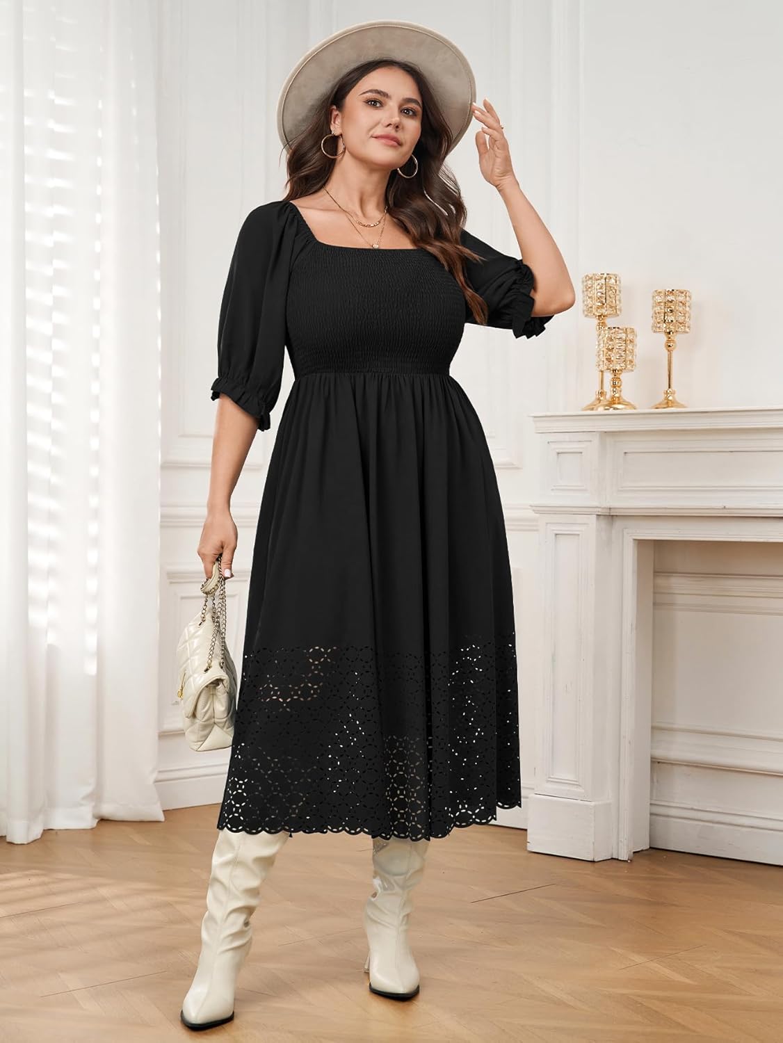 SCOMCHIC Women's Plus Size Maxi Dress Short Sleeve Square Neck Hollow Out Smocked Flowy A-Line Boho Wedding Guest Dresses - Image 5