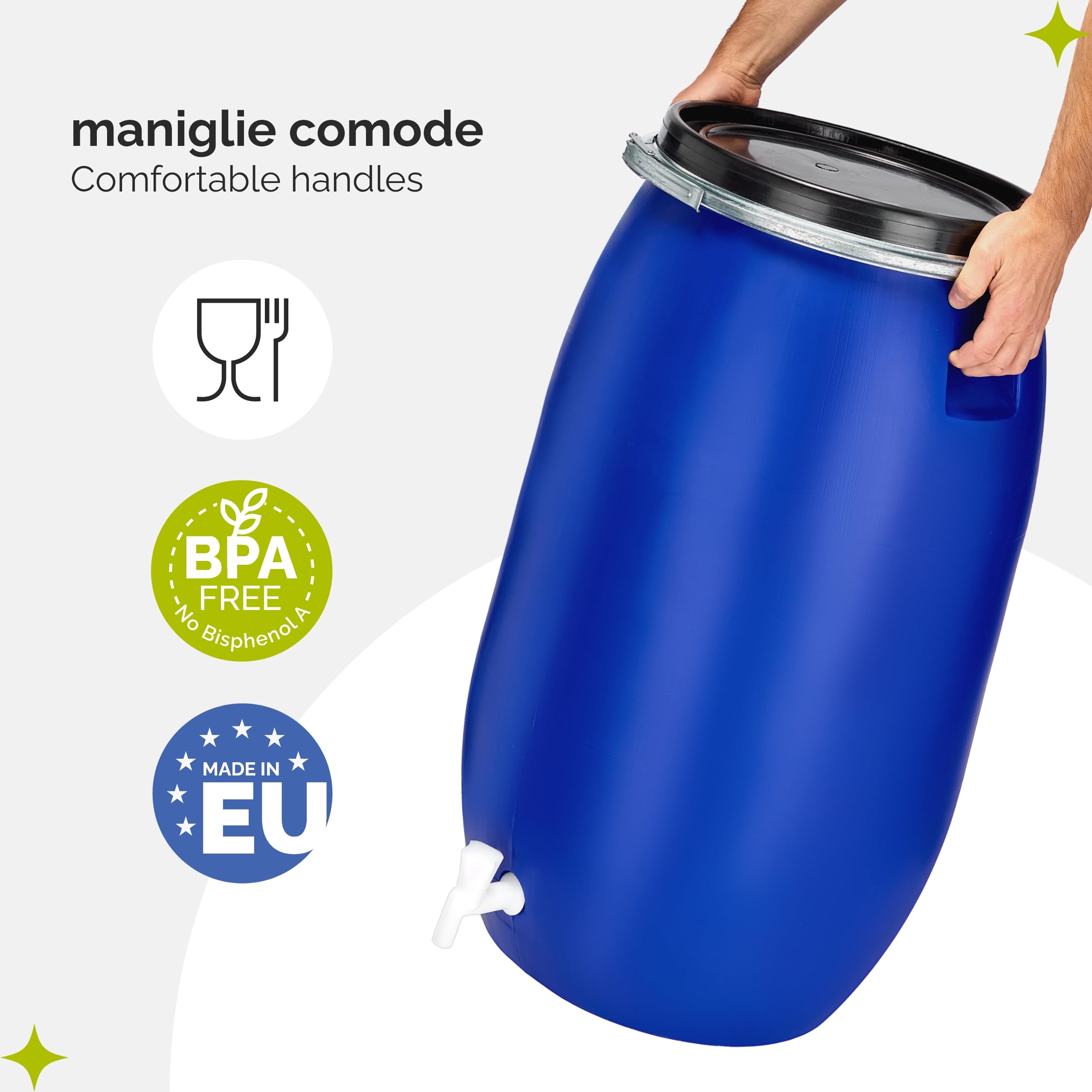 Garronda tanica acqua con rubinetto da 120 litri con coperchio, serbatoio in plastica HDPE per uso alimentare, perfetta per la conservazione di acqua, alimenti o come bidone per il giardino GD-0091