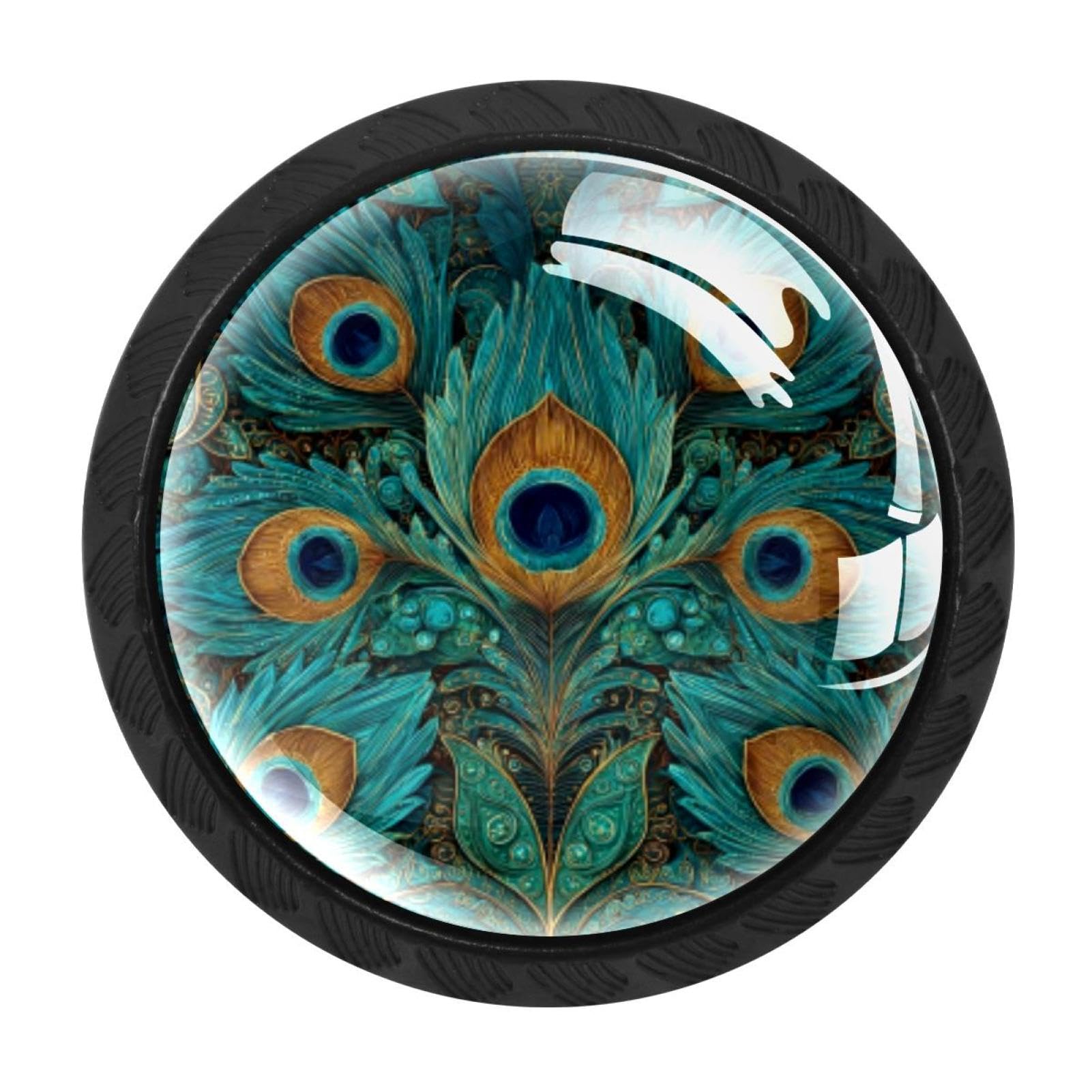 CHENZZZZ 4 Pack Black Turquoise Peacock Feather Paisley Vintag (2) Kitchen Handles, Cabinet Pulls Hardware for Cupboard Drawer Knobs Dresser Pulls