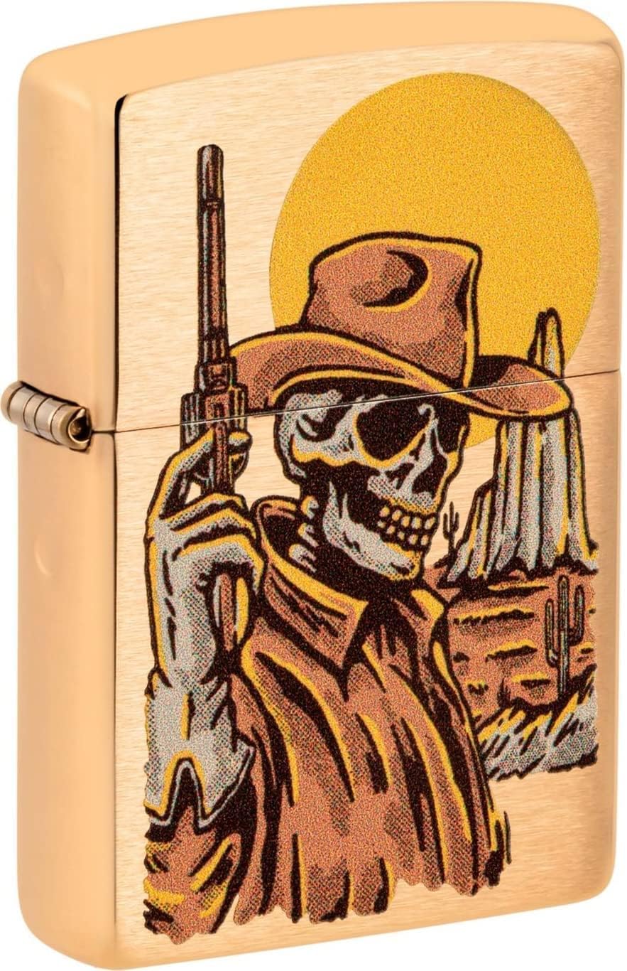 Zippo Lighter - Personalized Custom Message Engraved on Backside Wild West Skeleton Design Brushed Brass #48519