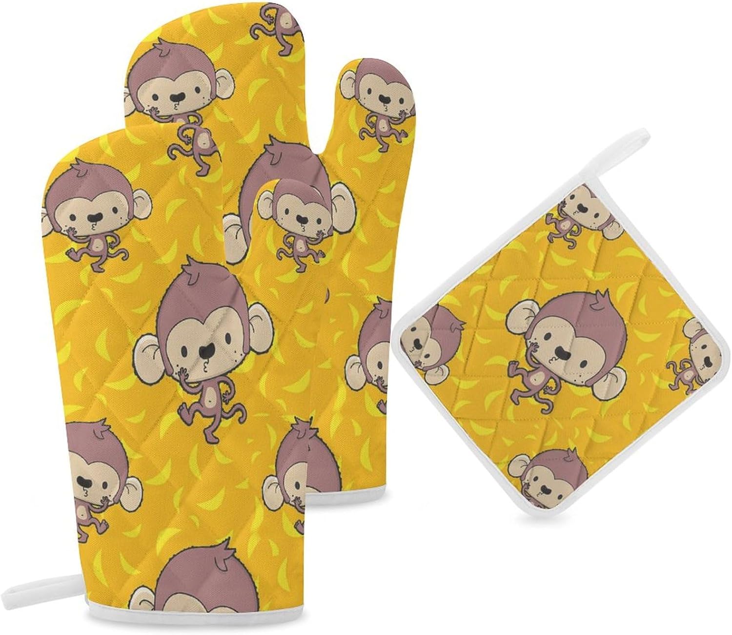 Banana and Monkeys Print Oven Mitts and Pot Holders 3 Piece Sets Heat Resistant Gloves Hot Pads Potholders for Kitchen Baking Cooking