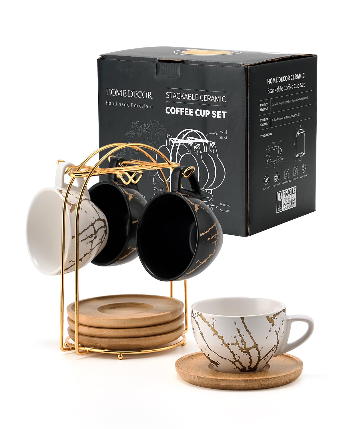 HOME DECOR Ceramic Cappuccino Cups Set of 4, 220ml Stackable Cappuccino Mugs and Saucer with Metal Stand for Coffee Lover, Cappuccino, Latte, Americano and Tea -Black&White