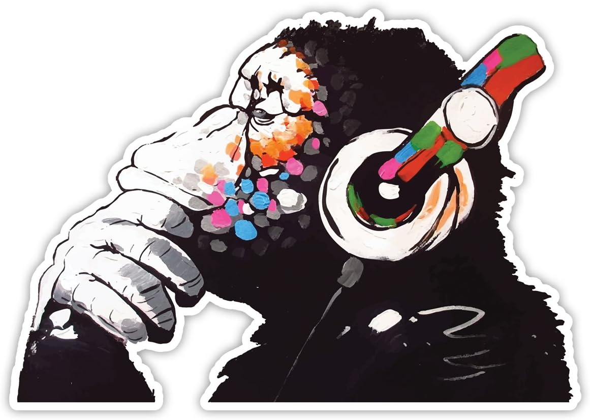 Banksy Thinker Monkey Headphones Design Wall Art Graffiti Vinyl Sticker Urban Art Window, Car, Laptop Decal White Vinyl Large - 20x14cm