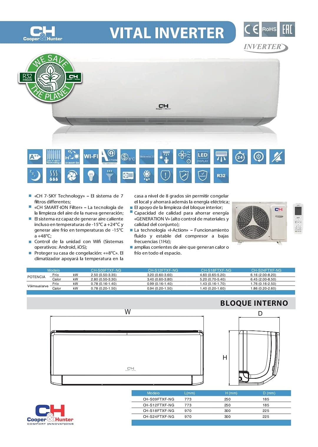 Aire acondicionado Split, Inverter, 7 kW, 24000 BTU, WIFI, con garantía, nuevo, A++, pantalla LED, calor - frio, mando distancia,blanco, autolimpieza