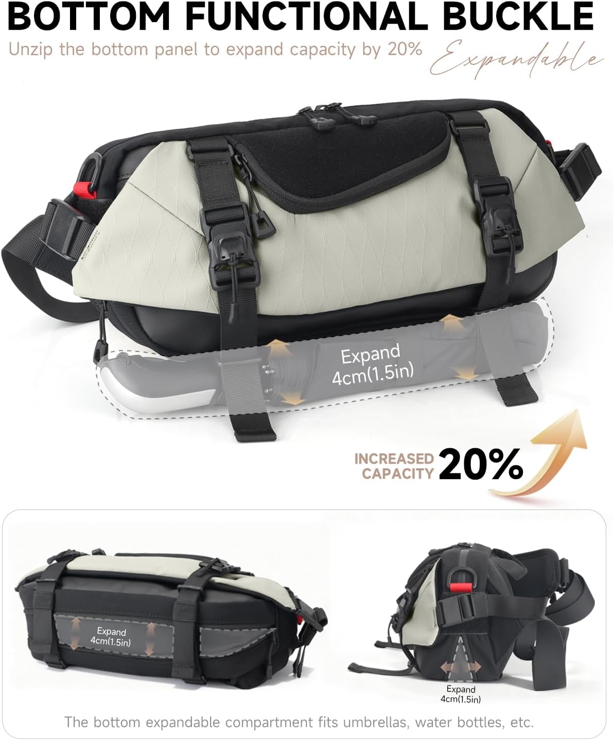 Travel Sling Bag, Anti-Theft Crossbody Fanny Pack with Magnetic Closure, Expandable Mens Crossbody Shoulder Chest Bag for Hiking Walking Running Cycling,White