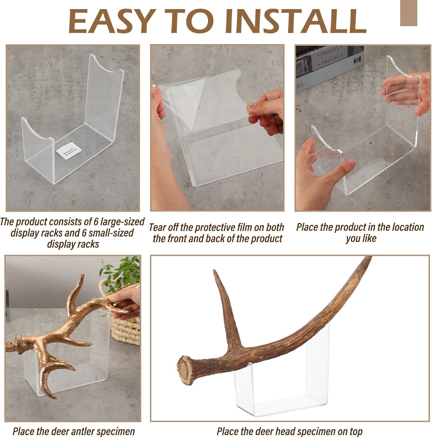 AceOrbit 12 Pcs Invisible Acrylic Antler Bracket, 2 Styles Clear Deer Antler Mount Holders for Harvested and Reproductions Shed Stand Brackets Christmas Winter Gifts Home Decoration