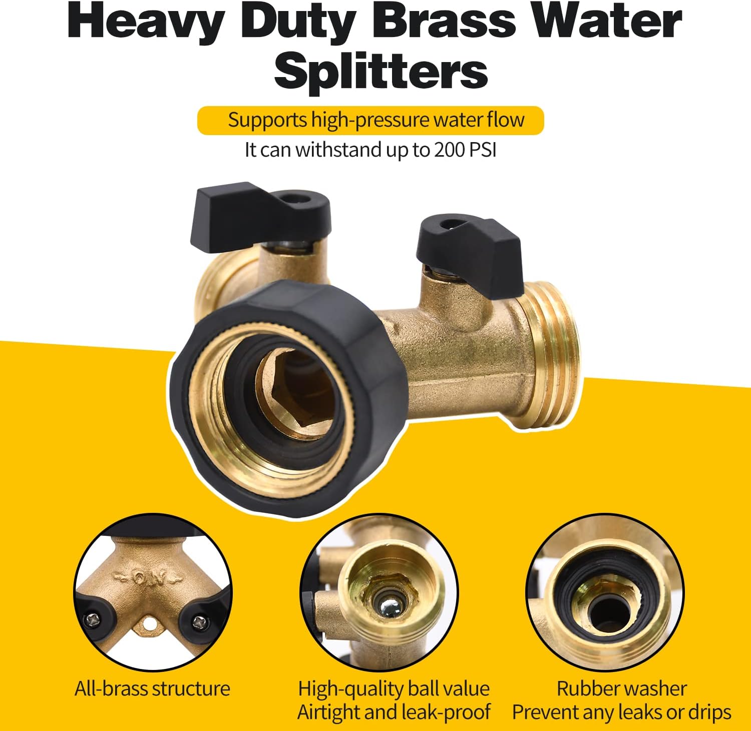 4 Pack Hose Splitter, 2 Way Heavy Duty Brass Garden Hose Splitter, for 3/4" Hose Connector, Brass Garden Hose Manifold with Rubber Washers & Tapes