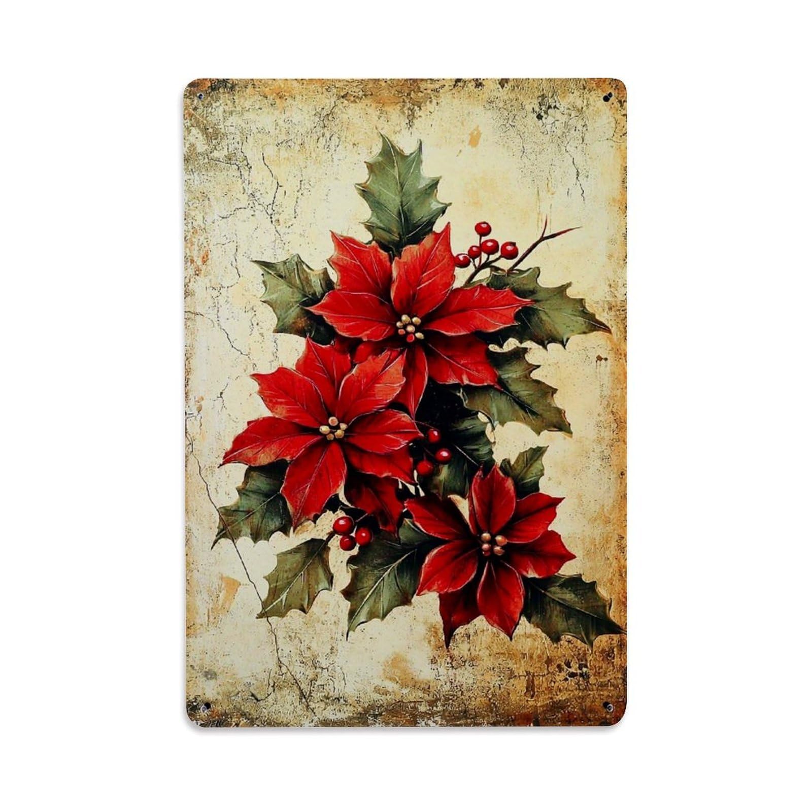 Jdfenggu Vintage Poinsettia Holly Berries Christmas Art Retro Metal Tin Sign, Decor Art Poster For Bar, Home, Man Cave, Kitchen, Laundry Room Gift 8X12inch