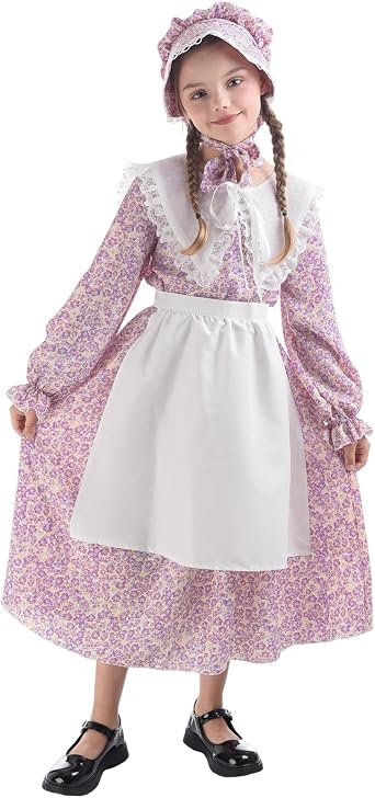 NSPSTT Girl Pioneer Costume Prairie Dresses for Girls Floral Colonial Dress Girl 1800s Dress