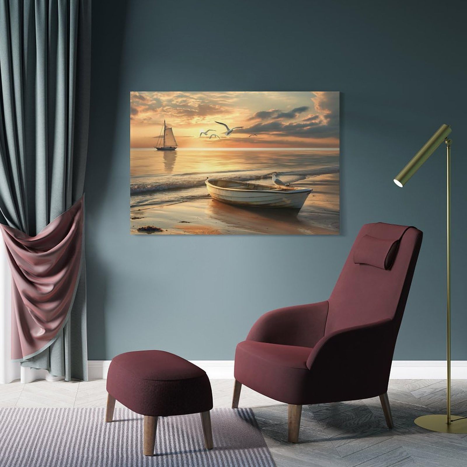 Junmoney Frame-Style-24 Beach Sunset With Boats Room Decor Wall Art 24X36inch(60X90cm), For Lounge Decor, Offices Or Entryway Styling, A Flexible Wall Accent For Shared Spaces