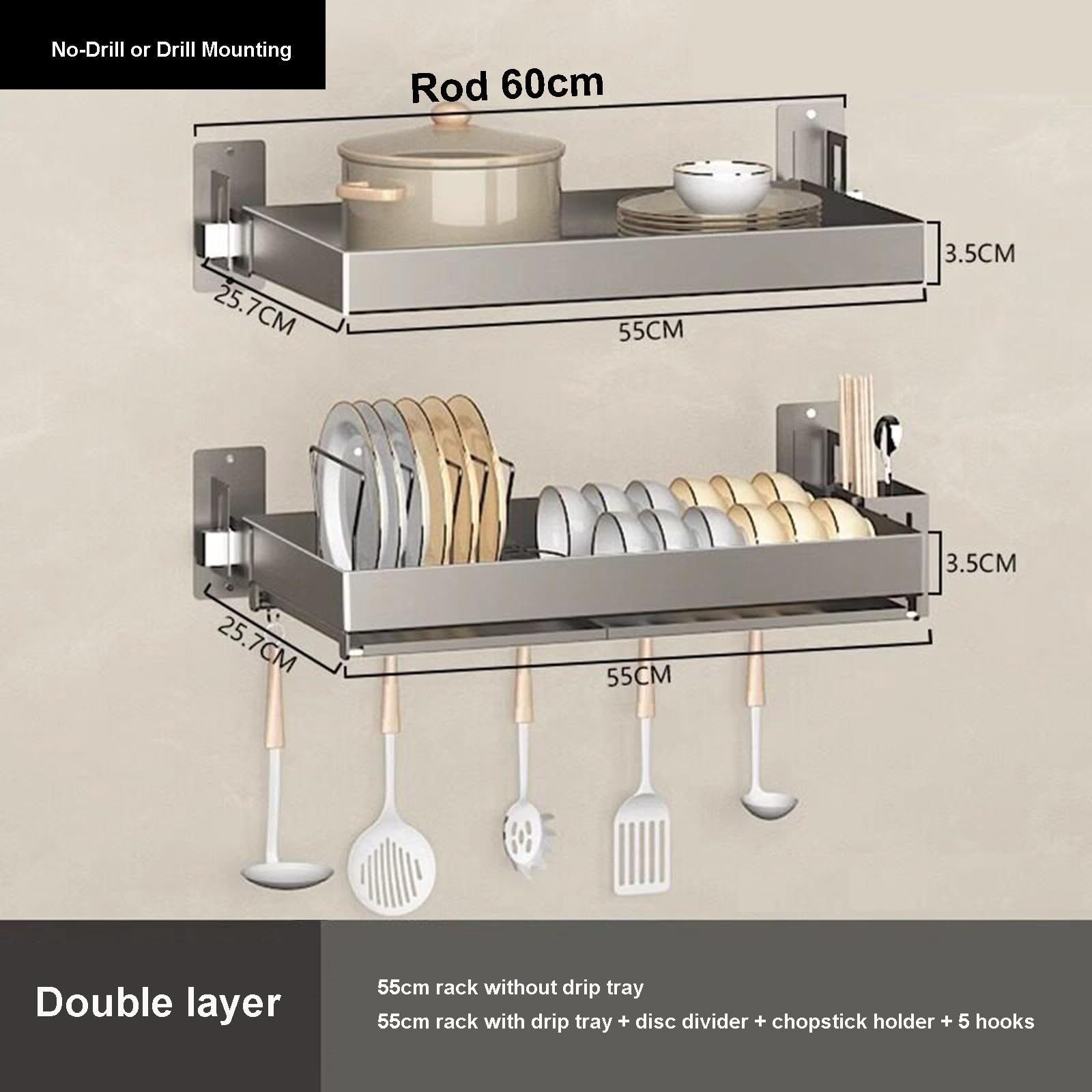 Égouttoir à Vaisselle Mural à 2 Niveaux en Acier Inoxydable