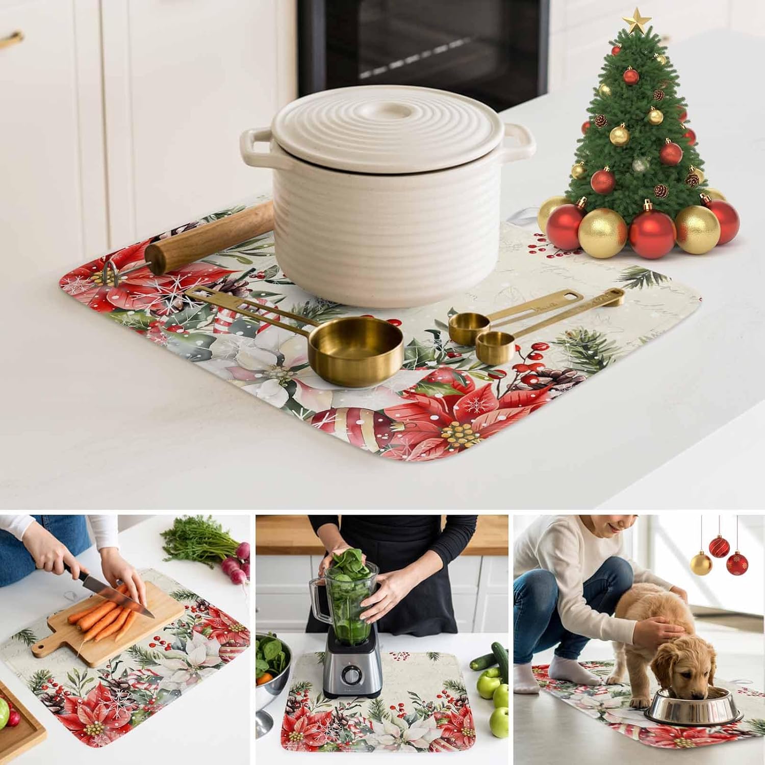 Christmas Poinsettia Berry Snowflake Dish Drying Mats for Kitchen Counter,Absorbent Microfiber Dish Drainer Rack Mat Pine Cones Pine Branches Drying Pad for Sinks,Utensils,Countertops,18x24in