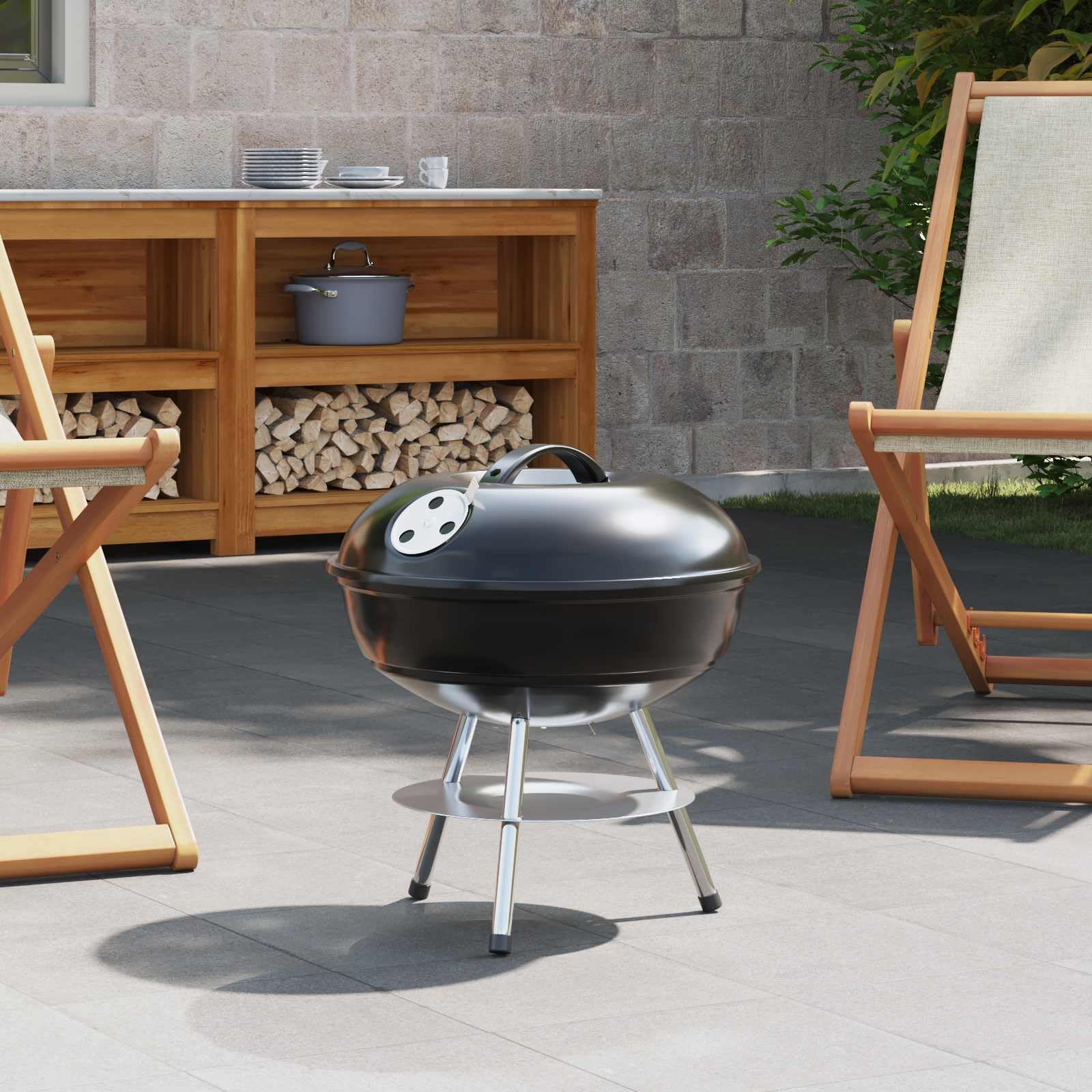 Barbecue a carbonella nero, 36,5 x 36,5 x 40 cm, con coperchio pieghevole, contenitore per cenere, griglia per balcone, terrazza, giardino, all'aperto, campeggio, ideale per carne, verdure