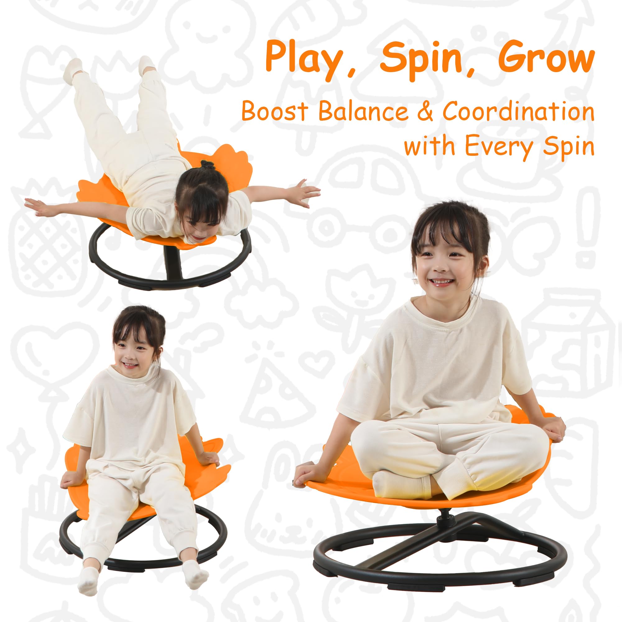 romrex Kids Sensory Swivel Chair - Fish Spinning Chair Seat for Balance, Coordination - Sensory Therapy Stool for Kids with Autism & ADHD - Active Indoor Play Set for Home & Classroom (Orange)
