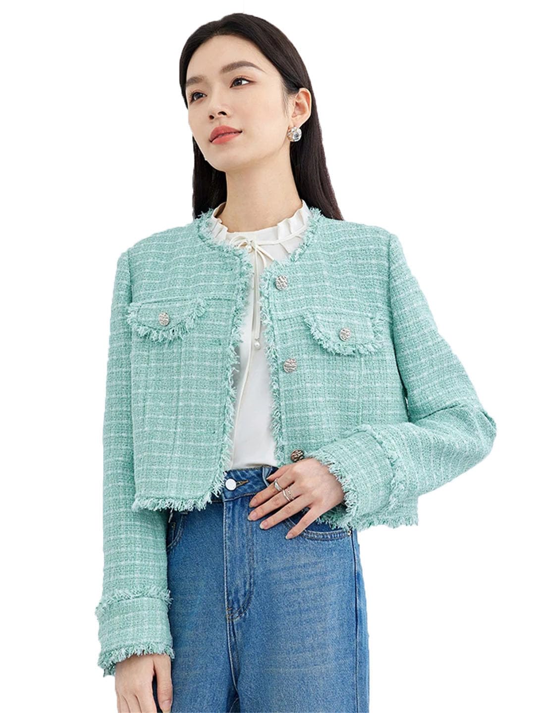 Giacche da donna in tweed testurizzato con nappe cappotto corto a maniche lunghe abbigliamento da esterno EN8 M, EN8, M