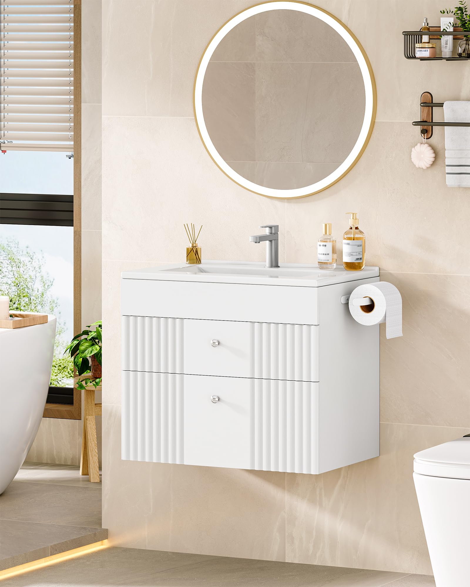 Hzuaneri Mobiletto da Bagno Sospeso a Parete, con Lavabo Integrato in Ceramica, 2 Cassetti, Portasciugamani, Mobile Bagno, Archiviazione ad Alta Capacità, 40 x 60 x 50 cm, Moderno, Bianco BC64103X