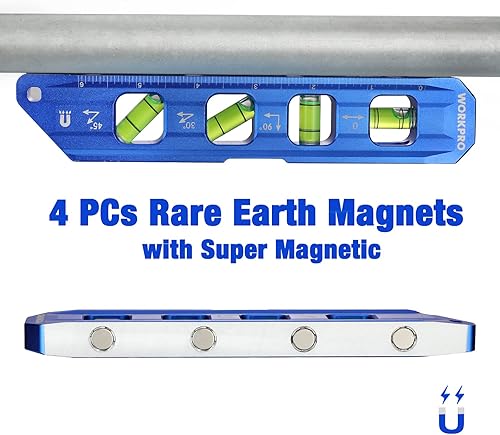 Miniatura 4 de WORKPRO Nivel de torpedo magnético de 8 pulgadas, construcción de aleación de aluminio, 4 frascos de burbujas para medidas de 0904530, azul cobalto