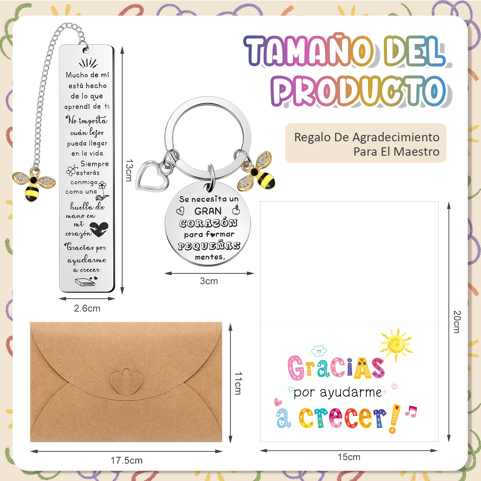 Weewooday 4 Piezas Set de Regalos de Agradecimiento para Maestro Marcapáginas Llavero de Profesor Grabado Tarjeta con Sobre Gracias por Ayudarme a Crecer para Día del Maestro Graduación(Abeja)