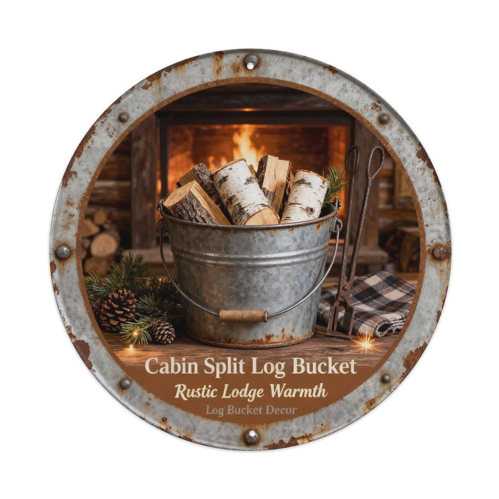 Cabin Split Log Bucket Metal Tin Sign Plaque