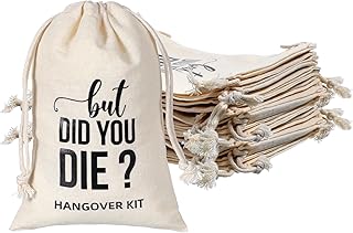 XLIUAX 10 Pcs But Did You Die Hangover Kit Bags, 4"x6" Muslin Drawstring Pouch Bags Reusable Hangover Recovery Cotton Pouches Wedding Bachelorette Bridal Shower Bridesmaid Party Favor Set (Khaki-A)