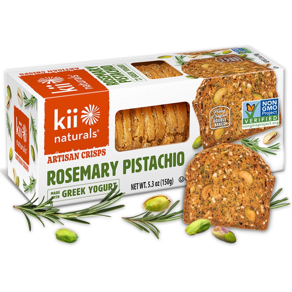 Kii Naturals Artisan Crisps, Healthy Snack Crackers for Cheese, Meats, Spreads, Charcuterie Board - Non-GMO, Kosher, No Preservatives, Hand-Crafted - Rosemary Pistachio, 5.3 Ounce (Pack of 1)