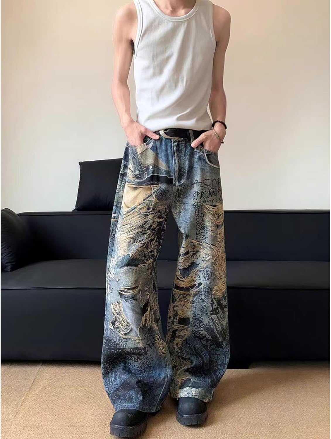 Gothic Straight Leg Casual Denim Pants Street wear Men's Hip-hop Loose Print Wide Leg Washed Pants