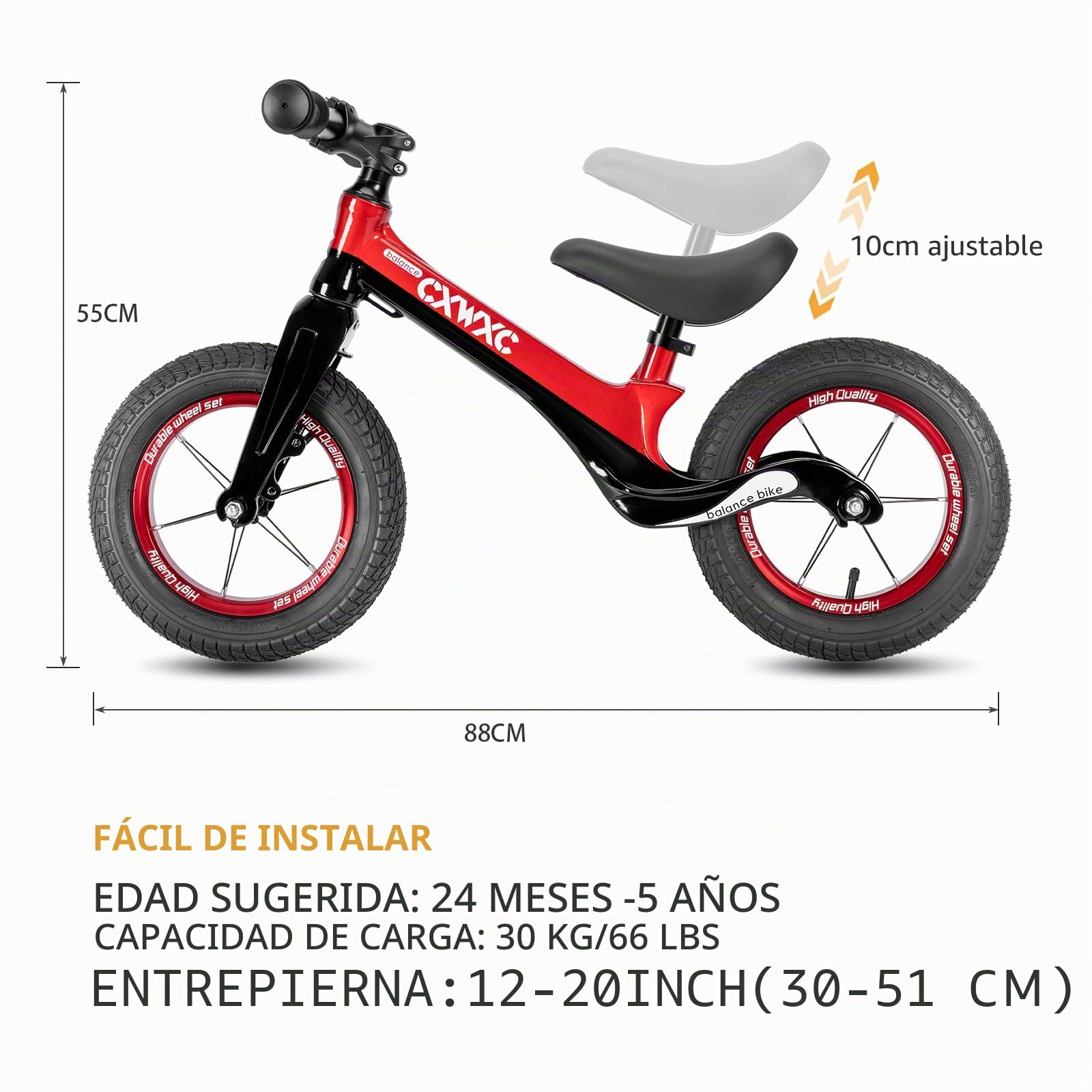 CXWXC Bicicleta a Partir de 2 años hasta 30 kg, Marco de magnesio, sillín de Altura Ajustable, Ruedas de 12 Pulgadas, Bicicleta Infantil para 24 – 60 Meses