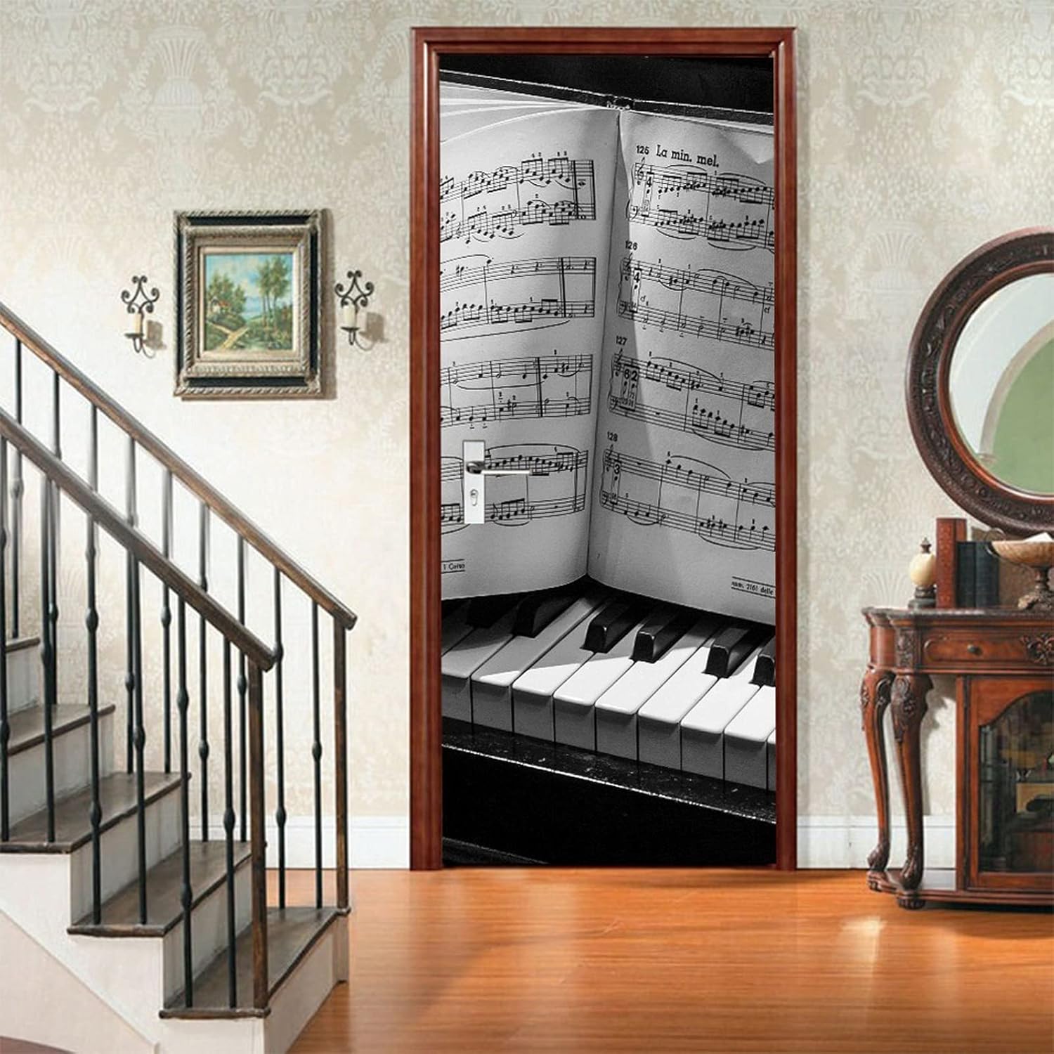 A.Monamour 3D Door Stickers for Interior Doors Piano Keys with Music Sheet Vinyl Waterproof Self Adhesive Door Mural Decals for Bedroom Office Bathroom 77 x 200 cm