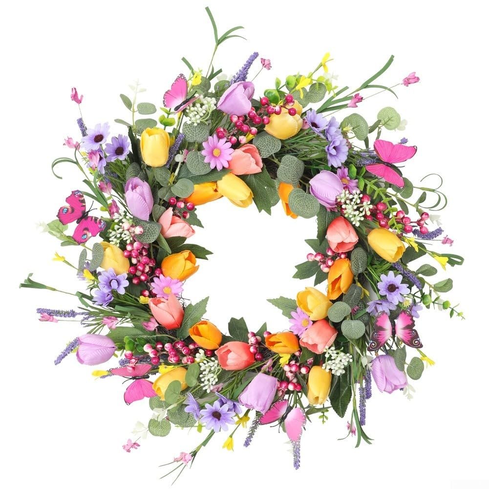 Ghirlanda di tulipani artificiali da 50 cm, decorazione colorata per porta | Fiori di tulipani realistici, multicolore vibrante per tavolozza, accattivante display primaverile, diametro 50 cm