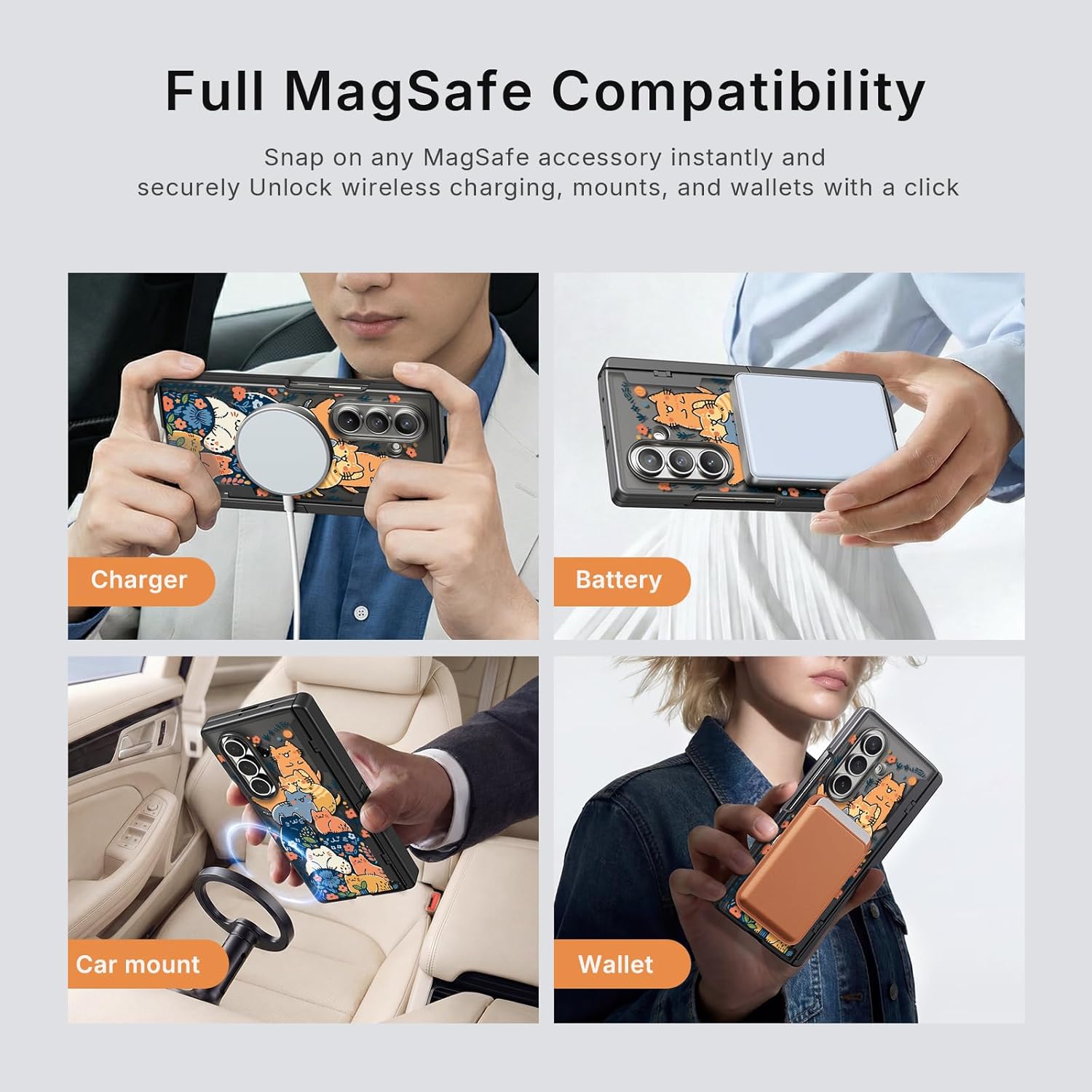Rosarnnah Magnetic for Samsung Galaxy Z Fold 7 Case - Compatible with Magsafe - Built-in [Screen Protector] [Hinge Protection] [Kickstand] - Full Body Protective Phone Case - Cats Party Black