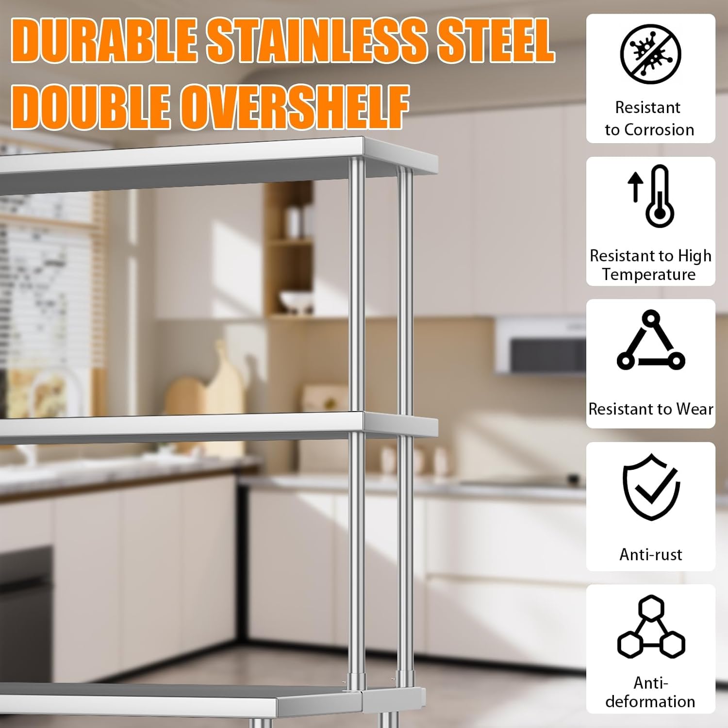 2-Tier Stainless Steel Overshelf for Work & Prep Table, 12x60 inch Commercial Adjustable Double Shelf, Heavy Duty Storage Rack for Kitchens, Utility Rooms, Restaurants & Garages
