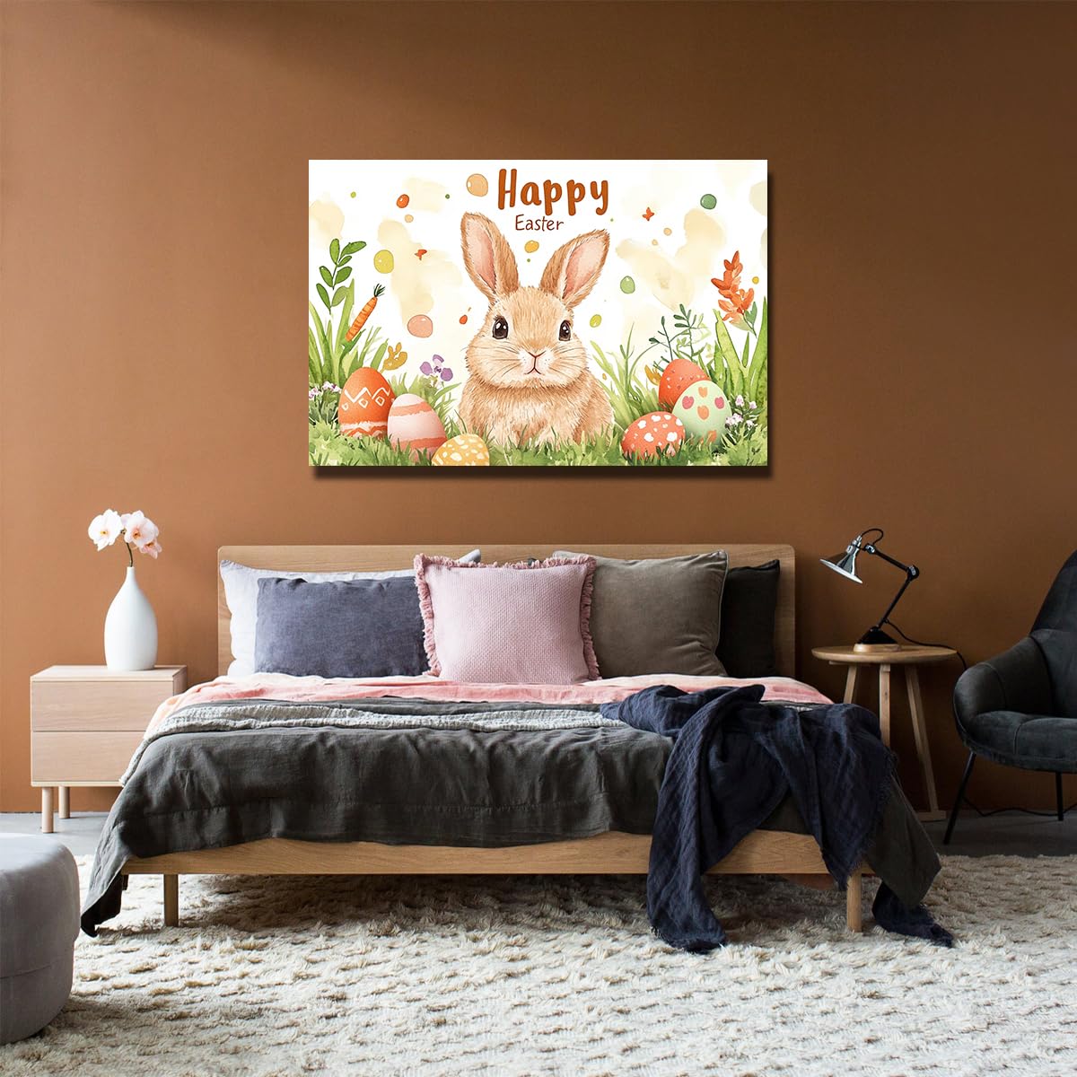 TOANGWALL Obraz ścienny na płótnie królik Szczęśliwa scena wielkanocna w ogrodzie akwarela jajka marchew plakat ścienny wiosna dekoracja sypialni 80 x 120 cm