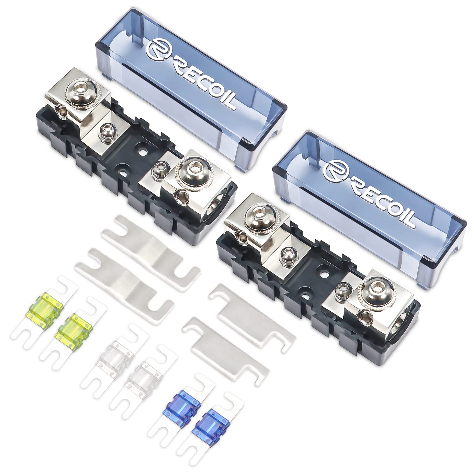 RECOIL MFHA-2 2 Packs Fuseholder 0/2/4 Gauge Modular Inline ANL & Mini-ANL Fuse Holders with Jumper Bars to Create Distribution Block Fuse and Negative Combo Blocks