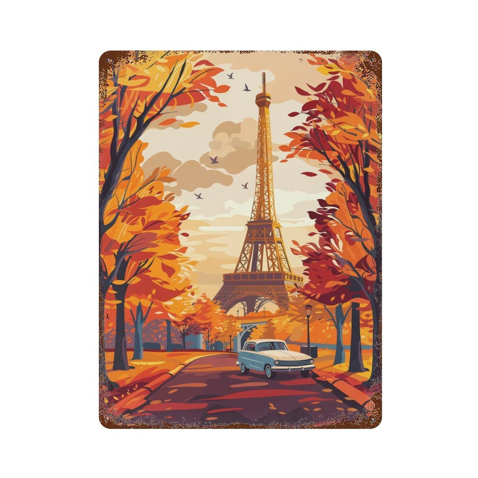 Vintage Metal Tin Sign with Eiffel Tower Autumn Design 15.7"x11.8", for Garage, Bar And Workshop Decor, Novelty Wall Decor