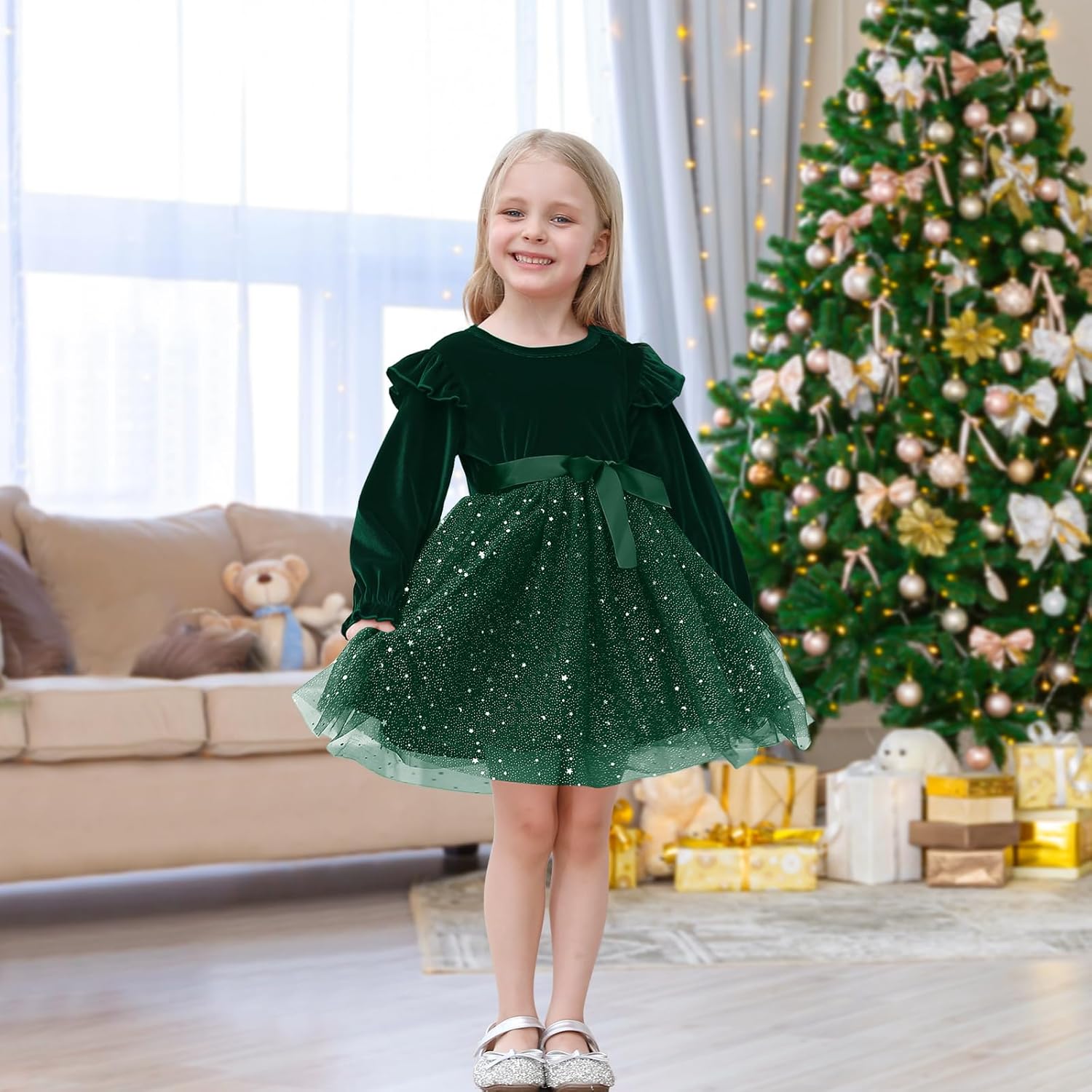 Neutocd Toddler Baby Girl Christmas Dress Long Sleeve Velvet Sequin Tulle Ruffle Winter Party Holiday Dress for Girls - Image 2
