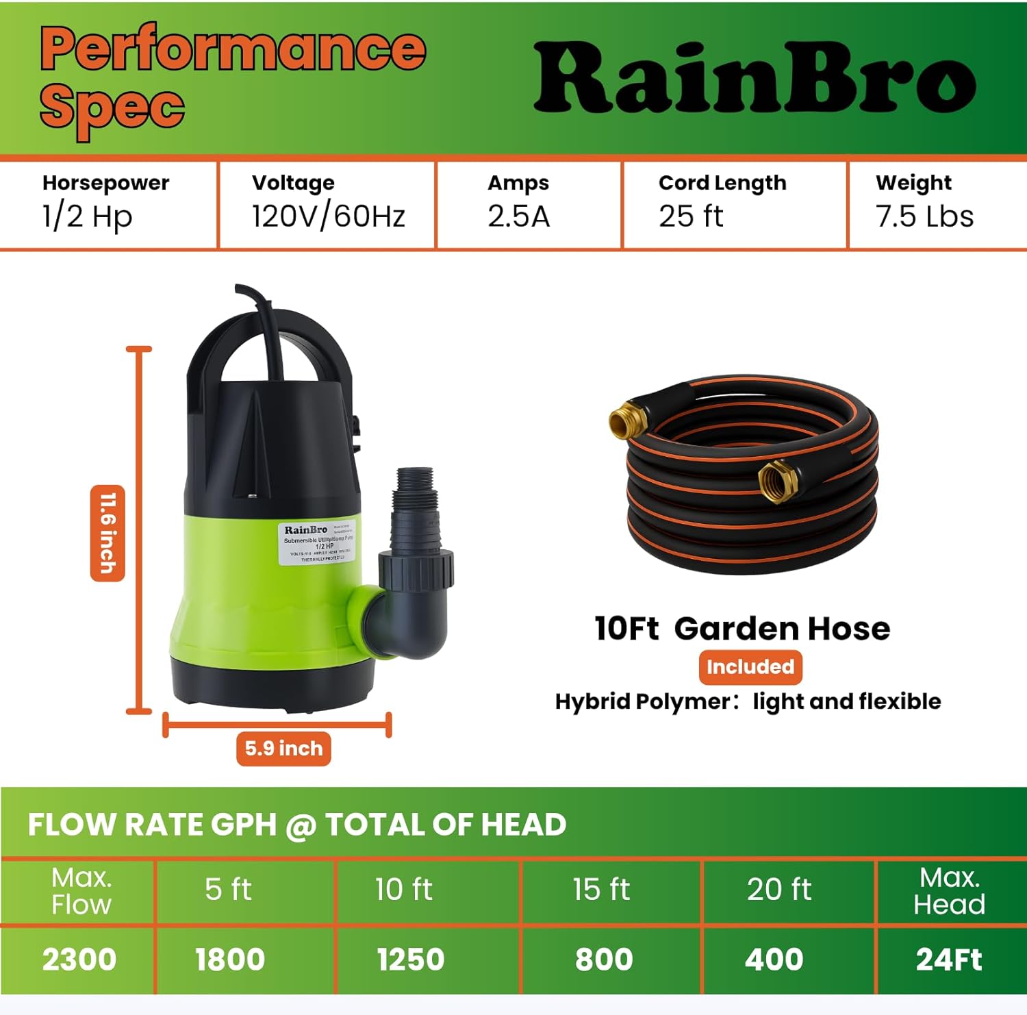 Submersible Sump Pump, 1/2 HP Sump Pump with 10ft Drain Hose Kit & 25ft Power Cord, Portable Submersible Water Pump for Pool Draining, Hot Tub, Basement Flood Removal, Garden Irrigation