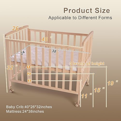 Miniatura 8 de Cuna pequeña de 3 alturas, cuna de bebé para recién nacidos de 0 a 18 meses, sin pintar