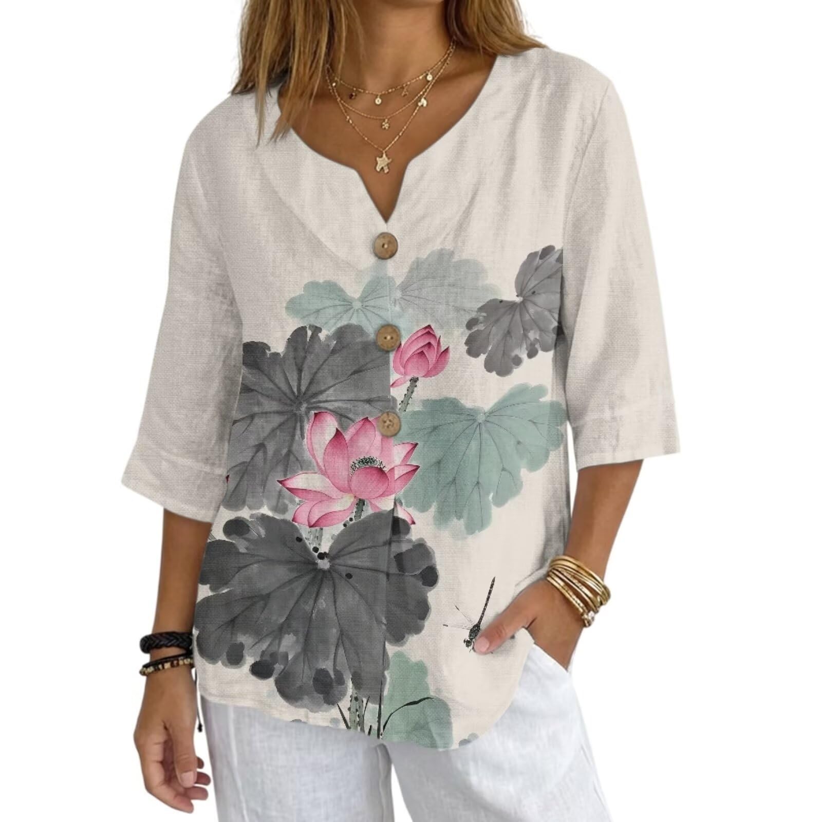 Women's V-Neck Tunic Top, Casual Polyester Linen Blouse with Decorative Buttons, Loose Fit Easy Care Everyday Wear
