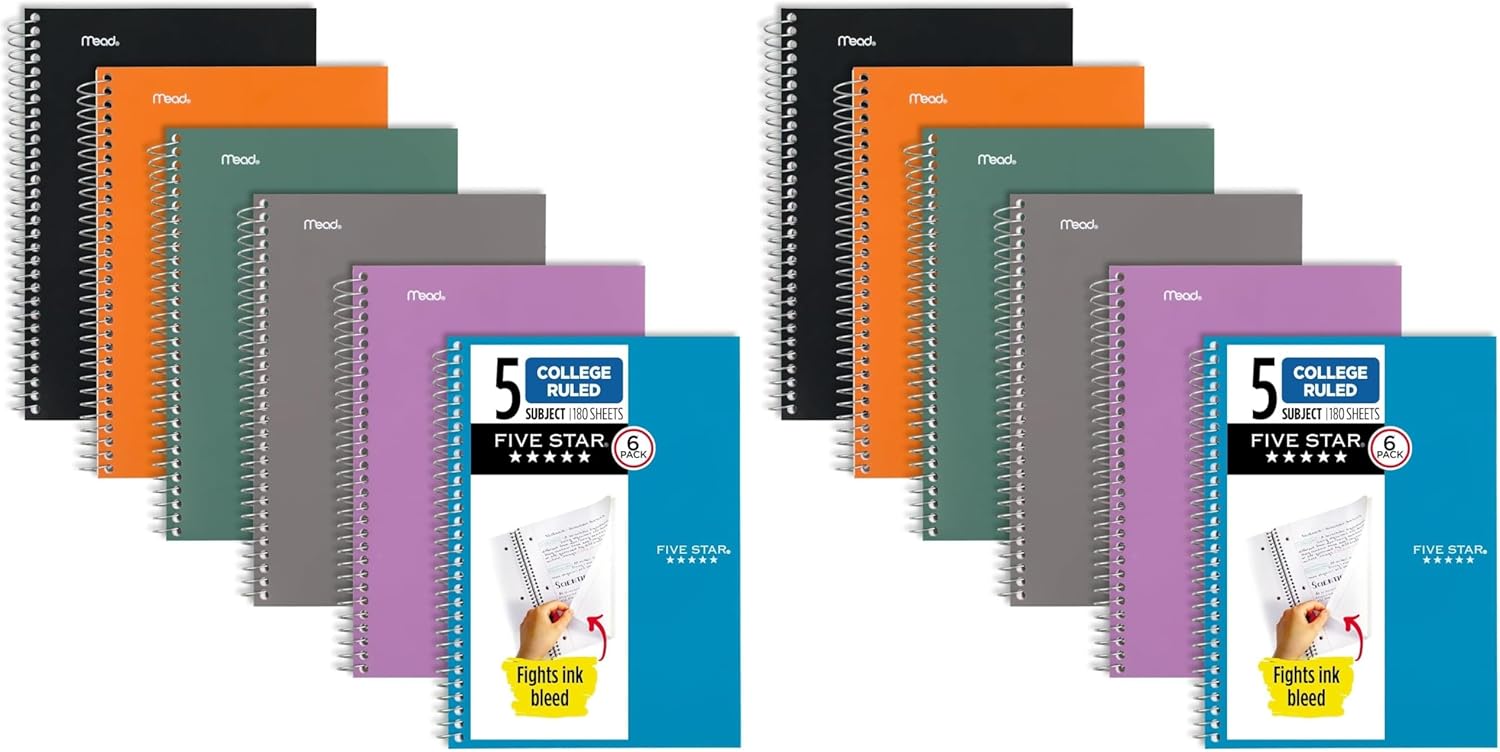 Five Star Small Spiral Notebooks, 6 Pack, 5 Subject, College Ruled Paper, 180 Sheets, Small, 9-1/2" x 6", Amethyst Purple, Sedona Orange, Seaglass Green, Tidewater Blue, Gray, Black (73527)