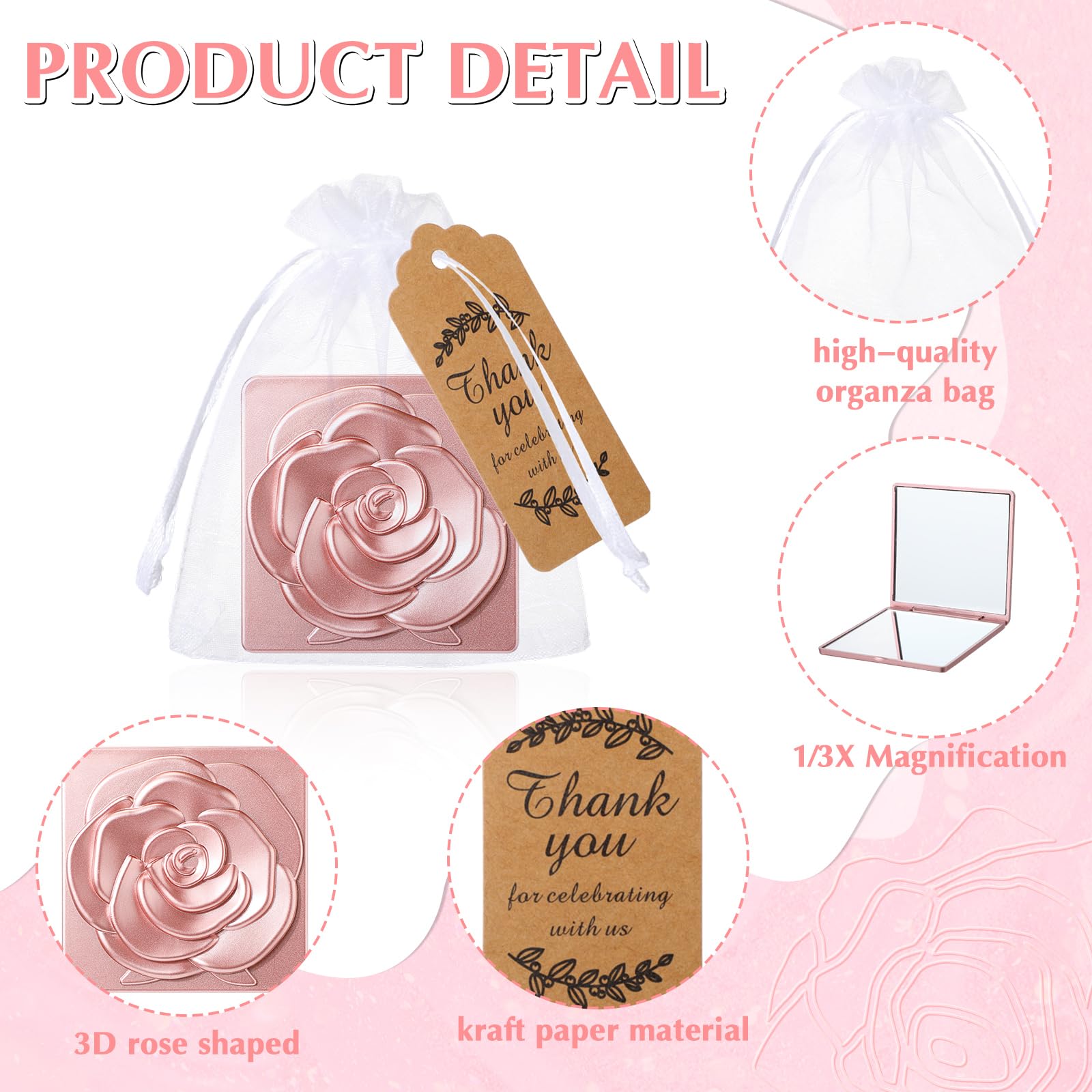 Soaoo Zestaw 30 różowych kompaktowych luster luzem Quinceanera Party Favors dla gości kieszonkowe lusterko z podziękowaniami i torbą z organzy na ślub wieczór panieński wieczór panieński przyjęcie
