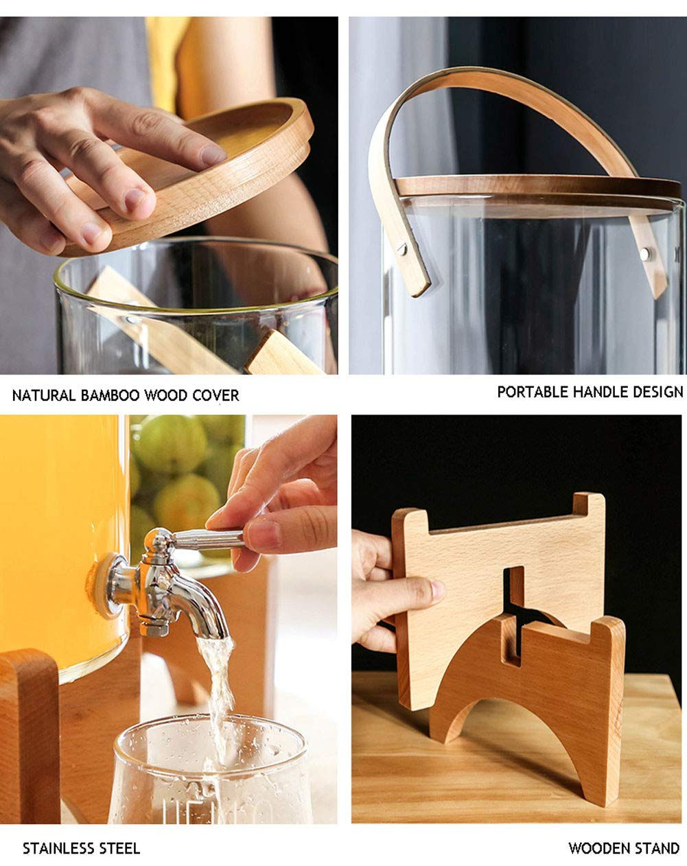 Distributore Acqua Domestico e Ufficio, Contenitore in Vetro con Supporto di Legno, Dispenser Bevande Bibite Caraffa Barattolo Mason Jar, 2.8/6.6 Litri Capacità2.8L