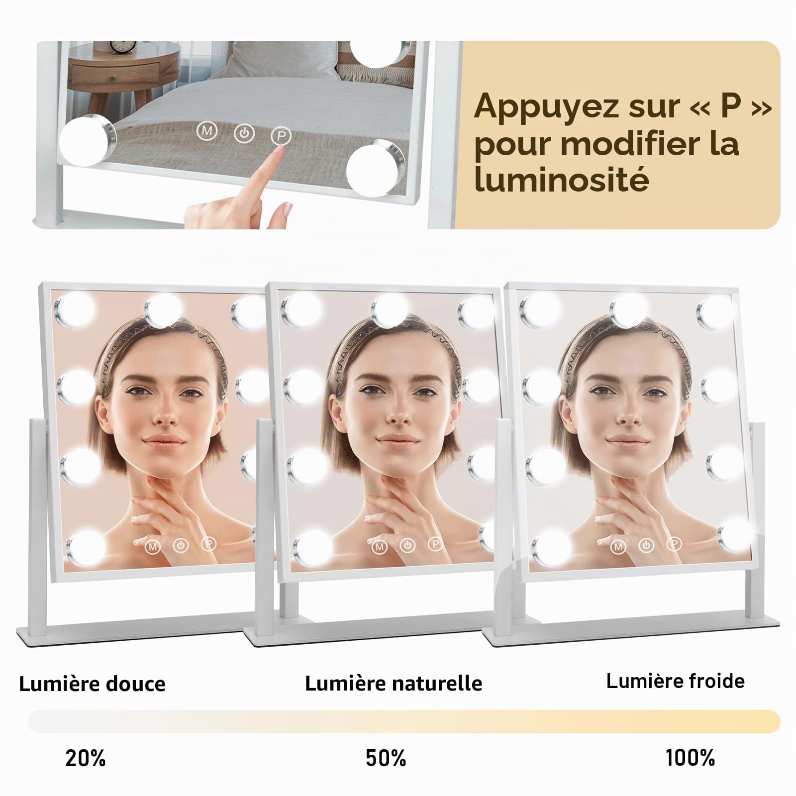 Miroir Coiffeuse, Miroir Maquillage Hollywood Lumineux 9Lumières Dimmables, 3 Modes, Miroir LED avec détail 10x et Rotation à 360 degrés (Blanc)