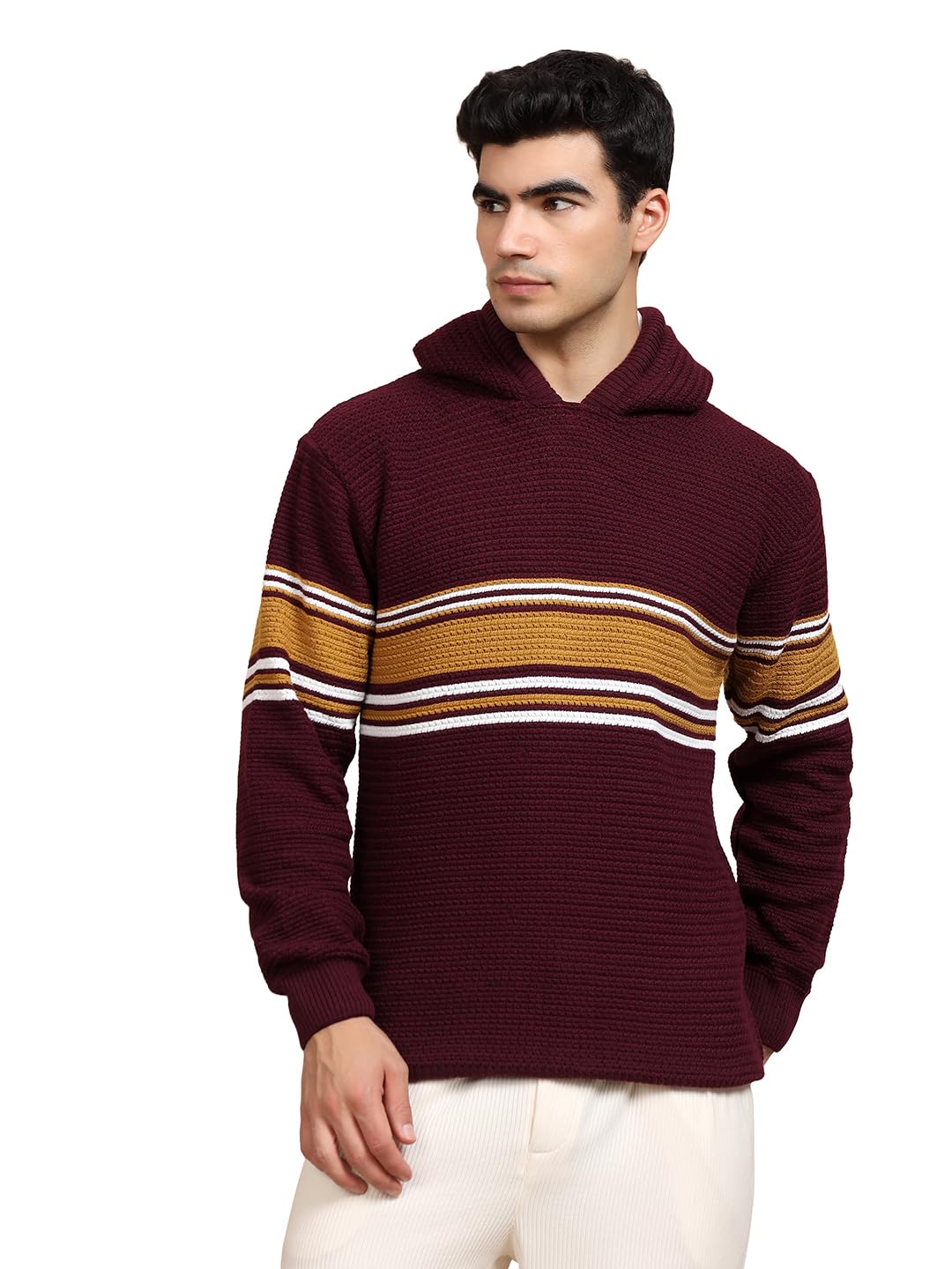 kvetoo Men's Soft Knit Pullover Sweater Hoodie Full Sleeve Winter Wear Casual Striped Knitted Hooded Sweater for Man-picture-42
