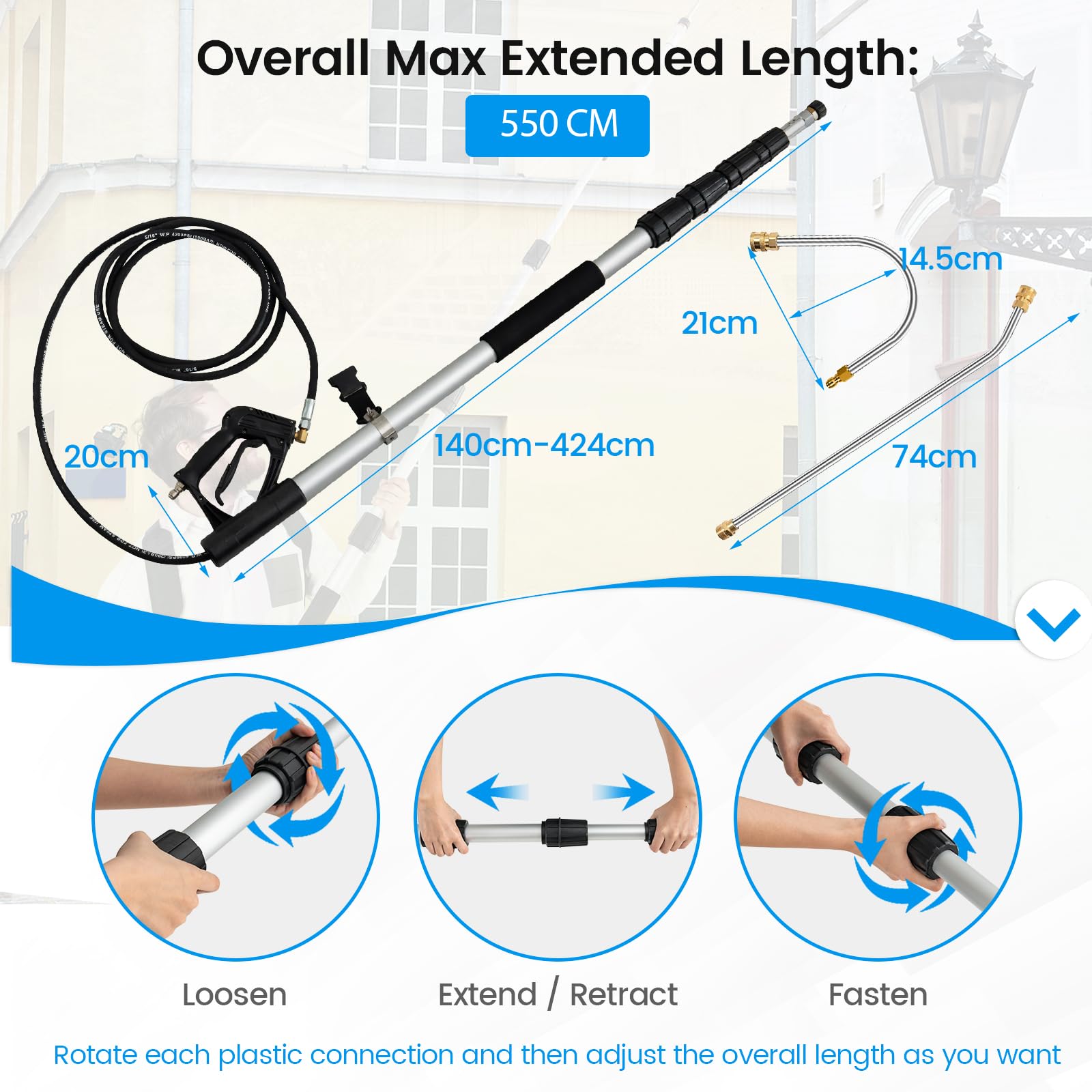 SOARS Spruzzatore Lancia Telescopica per Pulitore Ad Alta Pressione, Set Prolunga Pulitore con 5 Ugelli, 2 Adattatori, Cintura di Imbracatura, 550 CM Max, 4200 PSI, per Tetto, Auto, Terrazza, Parete