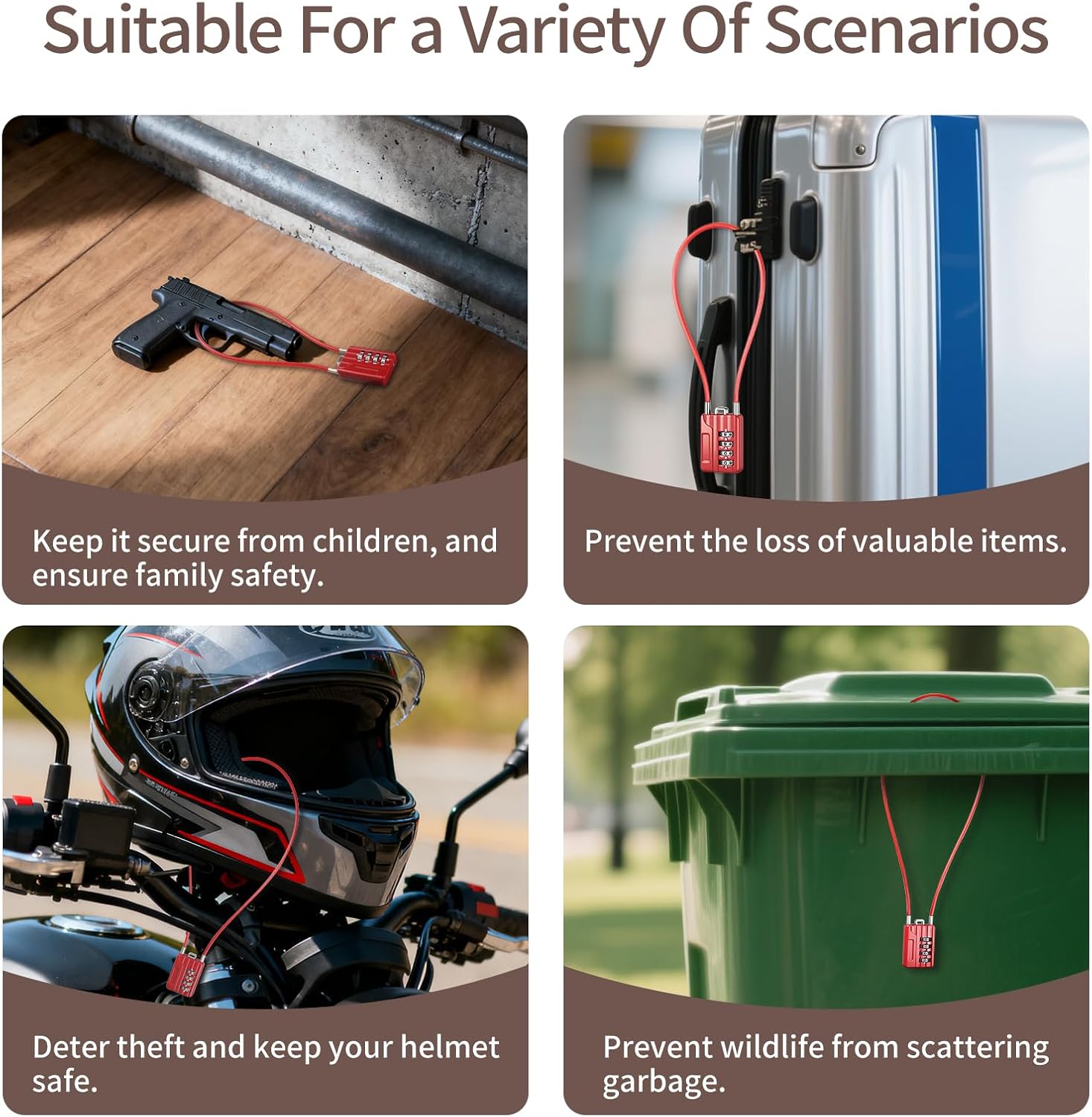 4-Digit Combination Cable Padlock with 20 inch (50 cm) Flexible Steel Cable, Small Lock for Locker,Luggage, Backpack,Cabinet,Gym Bag,Toolbox,Travel,Red (1, 50cm(20 inch Cable))